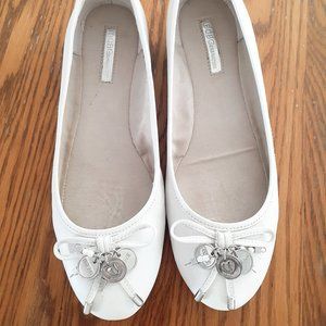 BCBG white leather ballet flat- silver charms